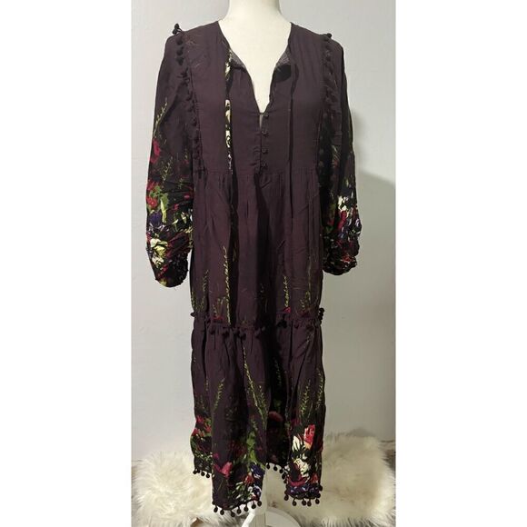 Jaase floral print peasant boho dress palm palm hem L ballon sleeves - Picture 1 of 10
